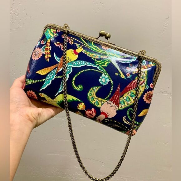 Handsewn Genuine Leather Floral Printed, Kisslock Clutch/Crossbody/Evening bag